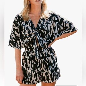 Black and Beige Printed Waist-Drawn One Piece with front Bow tie